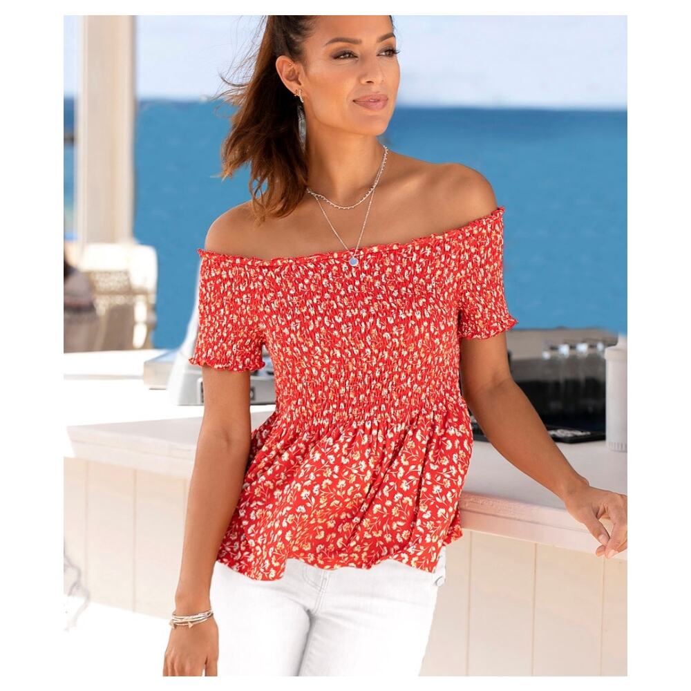 LASCANA Red Floral Smocked Off Shoulder Blouse Size US 4/6
